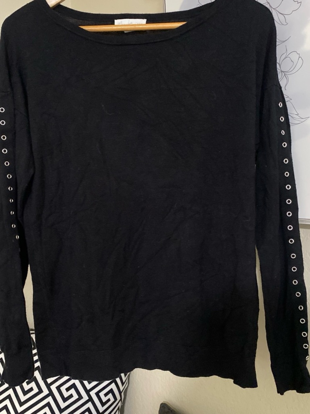 Women’s Black Crewneck Sweater with Sleeve Grommet Detail